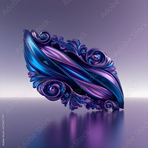 A swirling design of blue and purple hues appears to float against a smooth, reflective surface. Intricate patterns and curves give the piece a sense of elegance and movement.