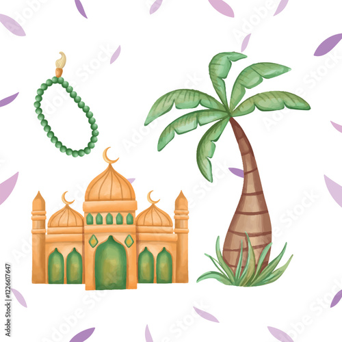 Set of Ramadan Kareem Icons Isolated on White Background. Vector Illustration. Quran Book, Traditional Lanterns, Crescent with Star, Mosque and Rosary, Kaaba, Holiday Food, Drum and Gun
