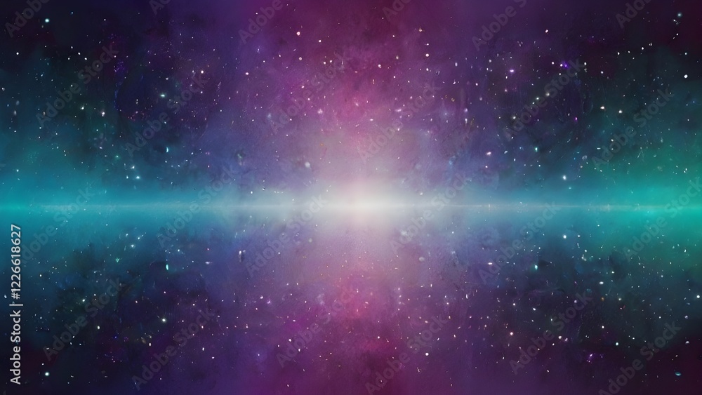 Obraz premium A vibrant cosmic scene features a bright light at the center, surrounded by an array of stars and galaxies in purple, pink, and blue hues. Space appears expansive and mysterious