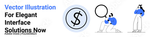 Dollar icon in circle, man examining with magnifying glass, woman thinking. Ideal for finance, business analysis, investment, marketing, e-commerce, strategy flat landing page banner