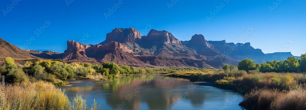A mountain range with clear skies and a river meandering at the base A mountain range with clear skies and a river meandering at the base