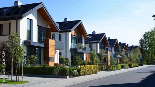 A modern twin house community, with a row of homes showcasing clean lines, contemporary design, and matching facades.