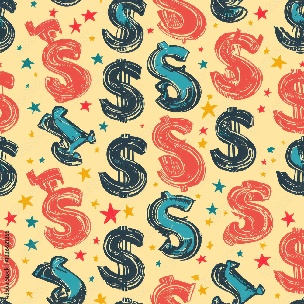 Seamless pattern of dollar signs and stars in vibrant colors Seamless pattern of dollar signs and stars in vibrant colors