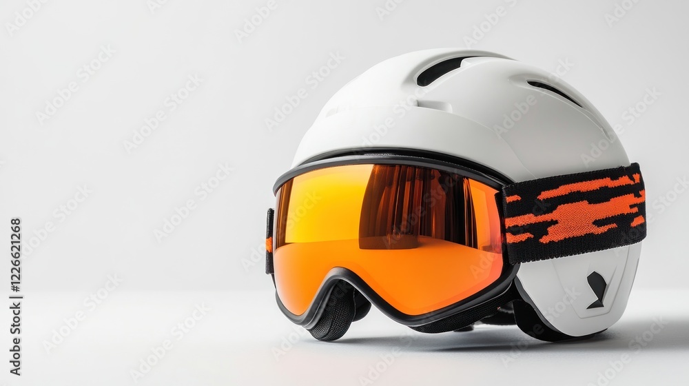 White ski helmet and goggles on white background, winter sports equipment White ski helmet and goggles on white background, winter sports equipment