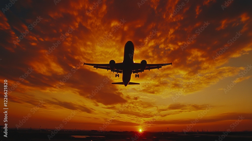 A silhouette of a passenger airplane in the sky, descending towards the airport during a colorful sunset, creating a peaceful ambiance. A silhouette of a passenger airplane in the sky, descending towards the airport during a colorful sunset, creating a peaceful ambiance.