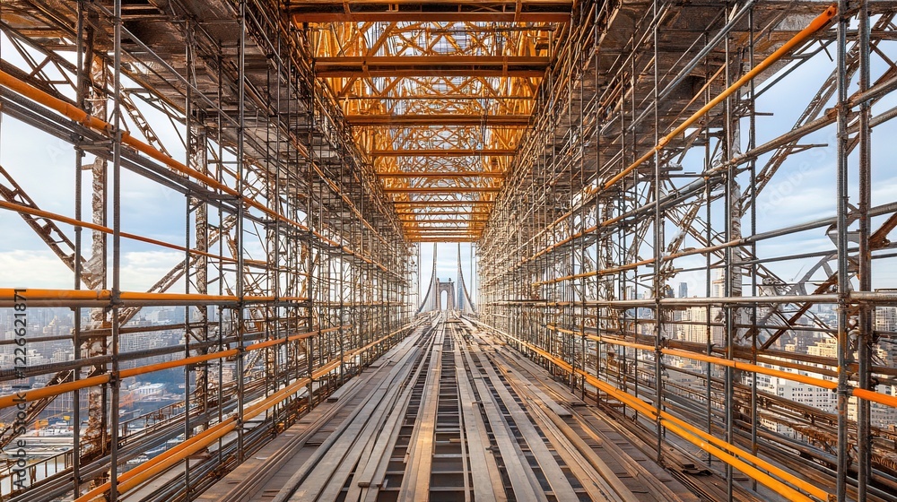 An expansive view of a bridge under construction, with cables and scaffolding, symbolizing engineering marvels and progress An expansive view of a bridge under construction, with cables and scaffolding, symbolizing engineering marvels and progress