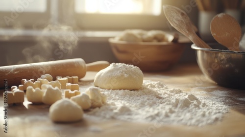 Scene of a baking setup in a kitchen. Featuring baking tools like rolling pins, cookie cutters, and a mixing bowl. Highlighting the joy of baking. Ideal for cooking blogs. photo