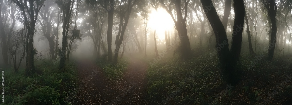 Naklejka premium A foggy forest path with sunlight peeking through the trees