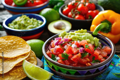 A close-up shot of Mexican Escamoles, ant larvae delicacy, served in a taco with guacamole and salsa.  photo