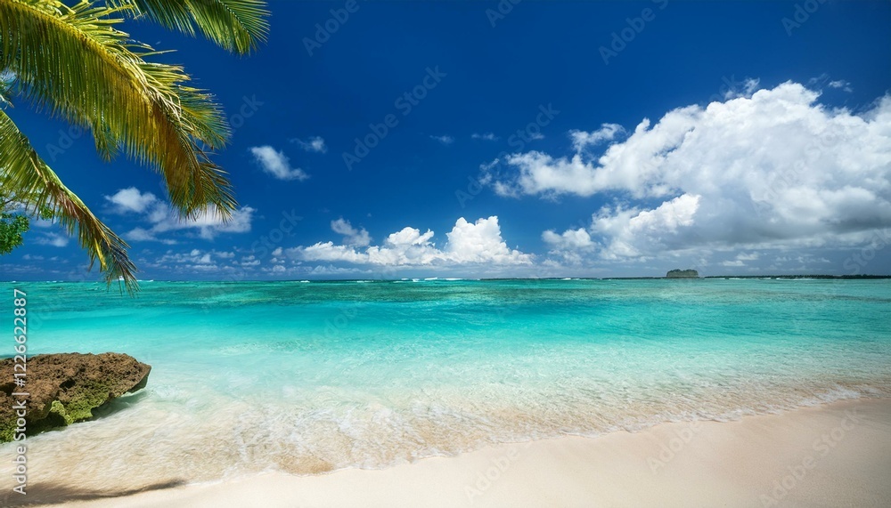 Beautiful tropical beach with palm trees, sunset beach seascape, design template for travel banner. Beautiful tropical beach with palm trees, sunset beach seascape, design template for travel banner.