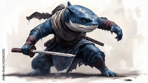 Blue ninja creature with katana, fantasy art photo