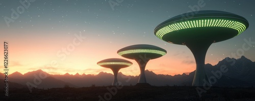 clean energy wind marketing concept. Futuristic UFOs glowing at sunset in a mountainous landscape. photo