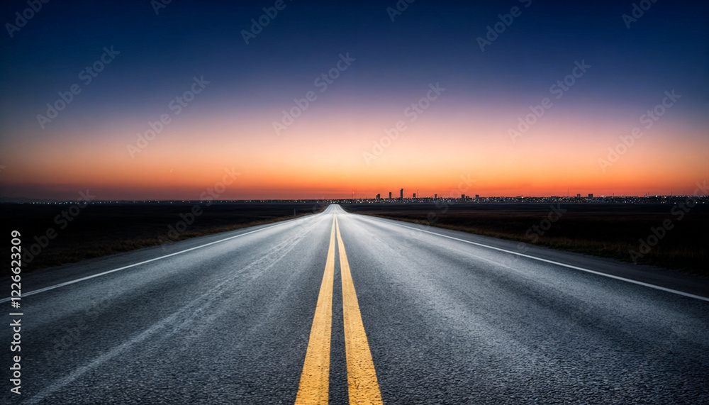Naklejka premium A mesmerizing open highway stretching into the horizon at twilight, with a glowing sunset sky and a tranquil atmosphere.