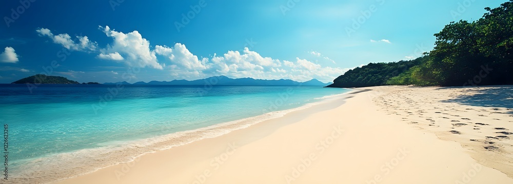 Obraz premium A large sandy beach with no footprints and the ocean in the distance