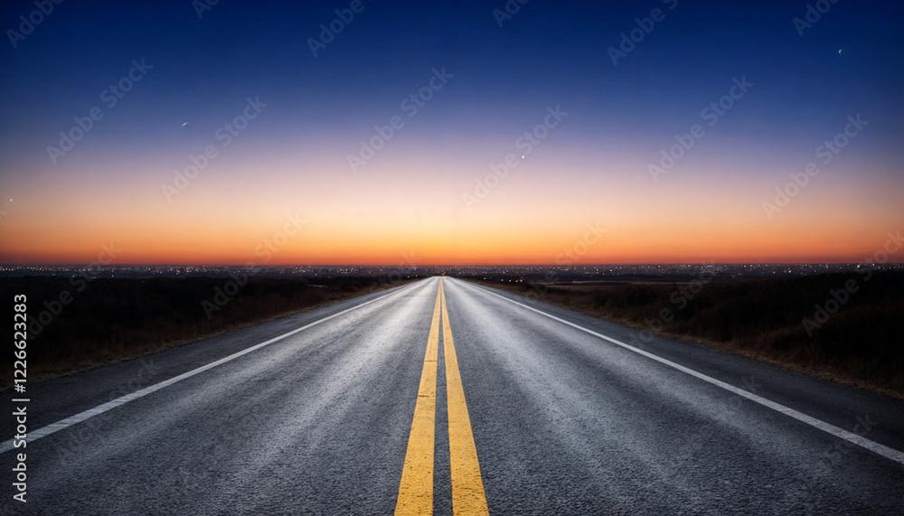 Naklejka premium A mesmerizing open highway stretching into the horizon at twilight, with a glowing sunset sky and a tranquil atmosphere.