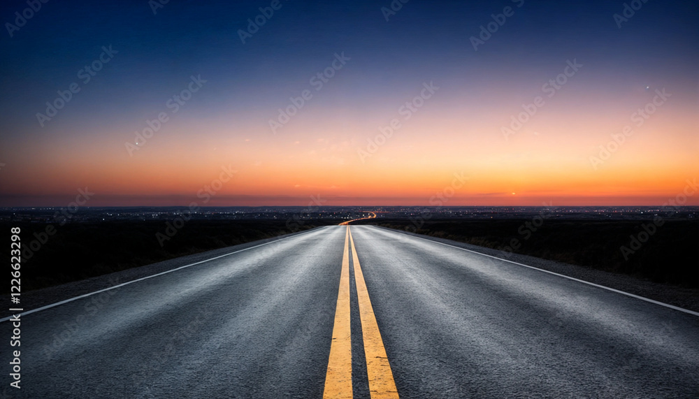 Naklejka premium A mesmerizing open highway stretching into the horizon at twilight, with a glowing sunset sky and a tranquil atmosphere.