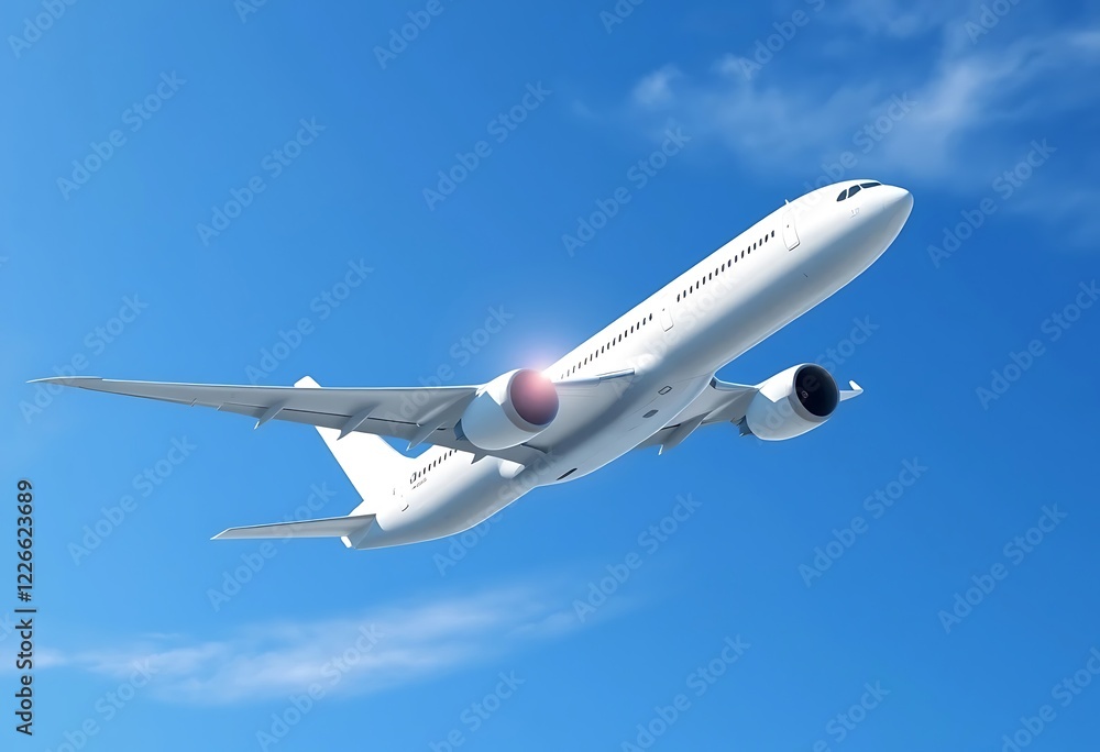 Serene White Airplane Ascending in a Vivid Blue Sky Serene White Airplane Ascending in a Vivid Blue Sky