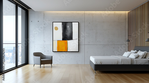Contemporary art piece enhancing modern bedroom aesthetics urban apartment interior design minimalist style elevated perspective