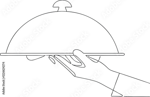 Continuous One Line Art Drawing Illustration Of Waiter's Hand With A Tray With Silver Cloche Food Cover In Editable Stroke On Isolated White Background