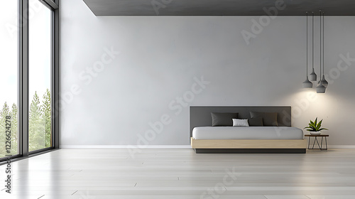 Minimalist bedroom design modern home interior style bright environment wide angle view contemporary aesthetics