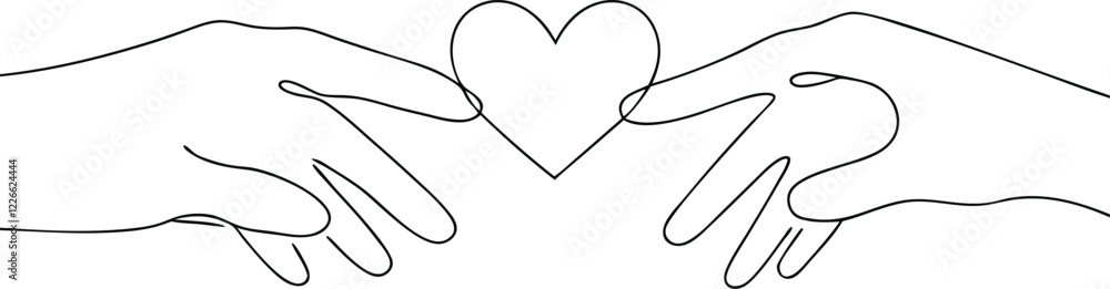 Fototapeta premium Continuous One Line Art Drawing Illustration Of Two Hands Reaching Towards Each Other With A Small Heart Shape In Editable Stroke On Isolated White Background 