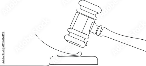 Continuous One Line Art Drawing Illustration Of Judges Hammer Over The Block In Editable Stroke On An Isolated White Background