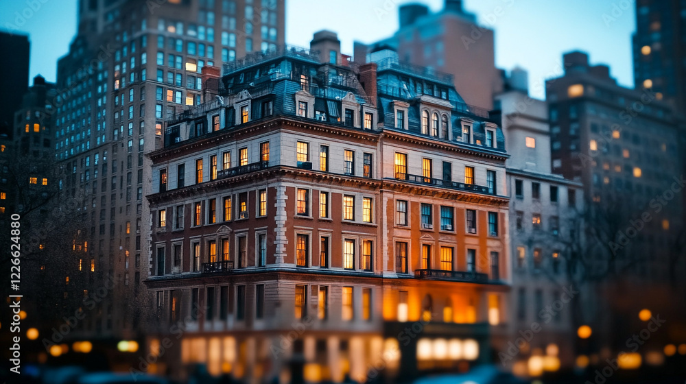 Fototapeta premium Elegant City Brownstone Building Night Lights Urban Architecture Home Brick House Facade Windows