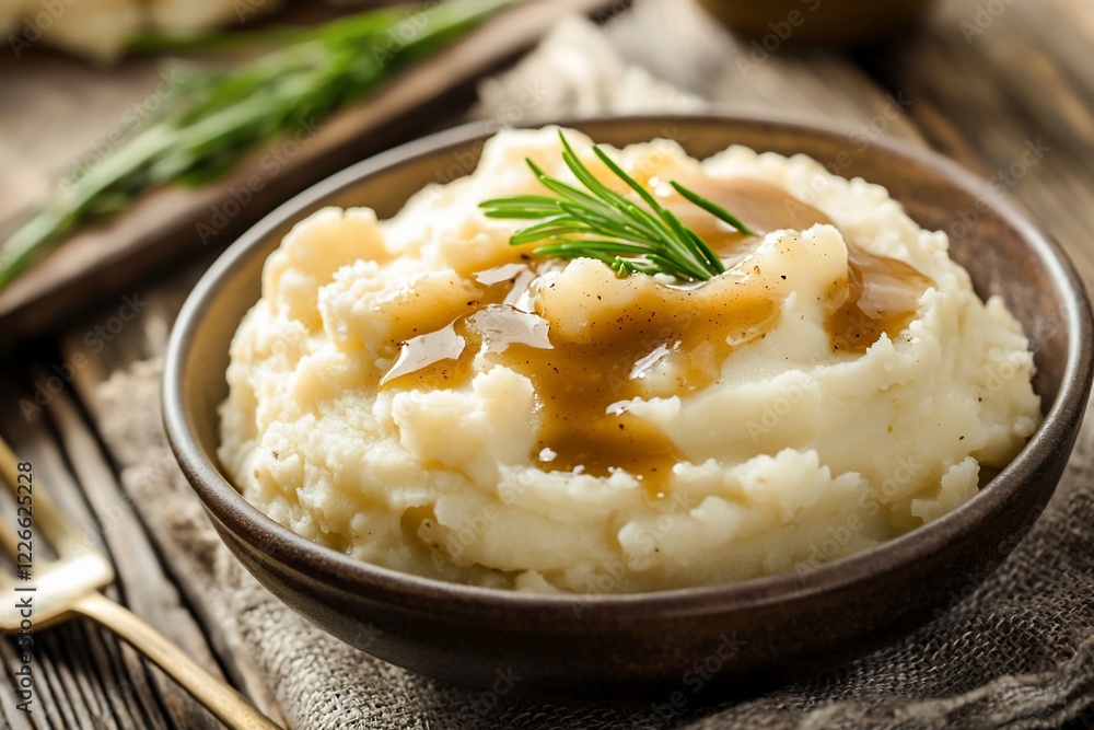 Creamy mashed potatoes topped with savory gravy and fresh herbs on a rustic wooden table Creamy mashed potatoes topped with savory gravy and fresh herbs on a rustic wooden table