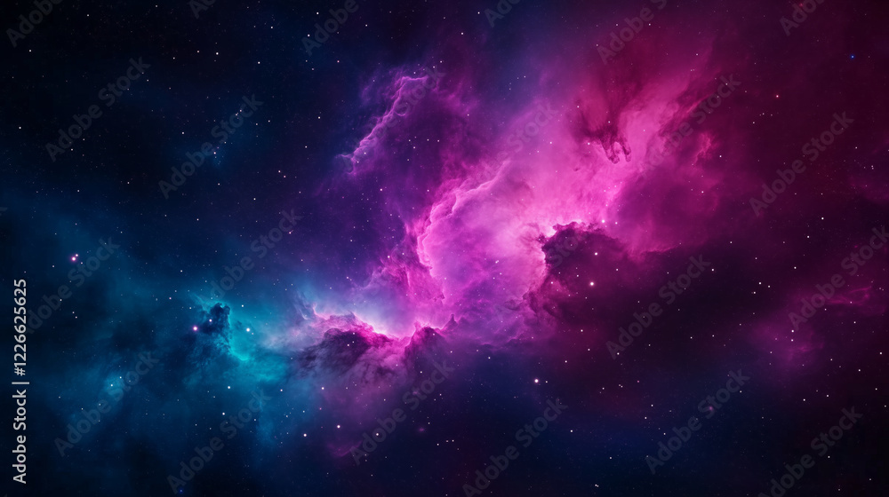 A stunning cosmic nebula with vibrant pink and blue glowing clouds surrounded by countless stars, illustrating the beauty of deep space and the universe A stunning cosmic nebula with vibrant pink and blue glowing clouds surrounded by countless stars, illustrating the beauty of deep space and the universe