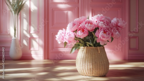 Fototapeta Naklejka Na Ścianę i Meble -  Beautiful bouquet of pink peonies in a woven basket placed in a bright room with pink walls