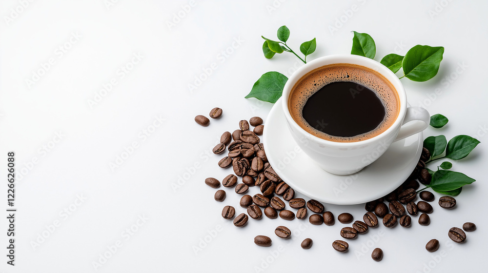 White ceramic cup of black coffee with roasted beans and green leaves on a clean white background. Minimalist coffee photography. White ceramic cup of black coffee with roasted beans and green leaves on a clean white background. Minimalist coffee photography.