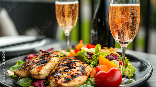 Romantic Valentine lunch featuring grilled chicken, fresh salads and sparkling drinks in a stylish outdoor dining area photo