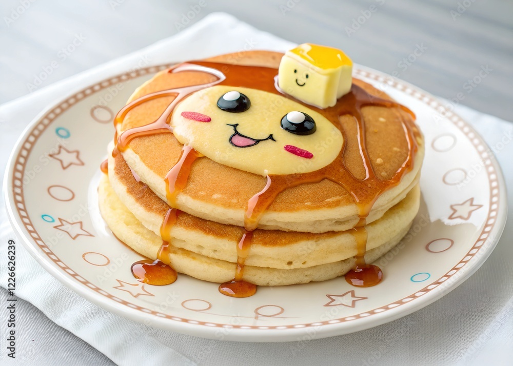 A close-up, overhead shot features a stack of three golden-brown pancakes A close-up, overhead shot features a stack of three golden-brown pancakes