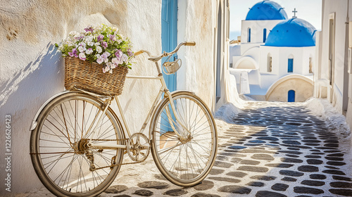Wallpaper Mural Vintage bicycle with a basket of pastel flowers against a whitewashed wall in Santorini. Scenic view of blue-domed churches and the Aegean Sea Torontodigital.ca