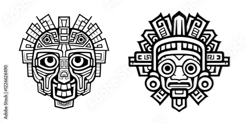 Vector set of Tribal mask outline for tattoo and coloring books.