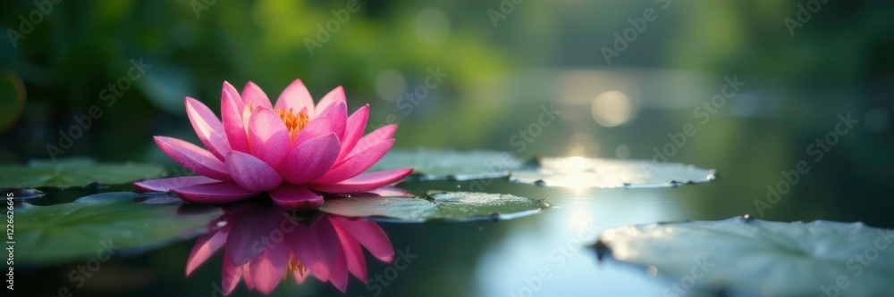 reflection of blooming water lily flowers in calm lake, serenity, nuphar