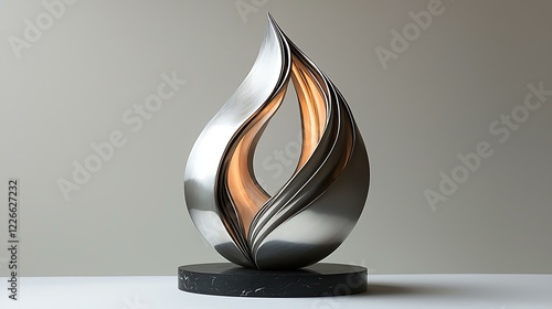 Abstract silver award with a wavy design standing upright on a reflective white surface