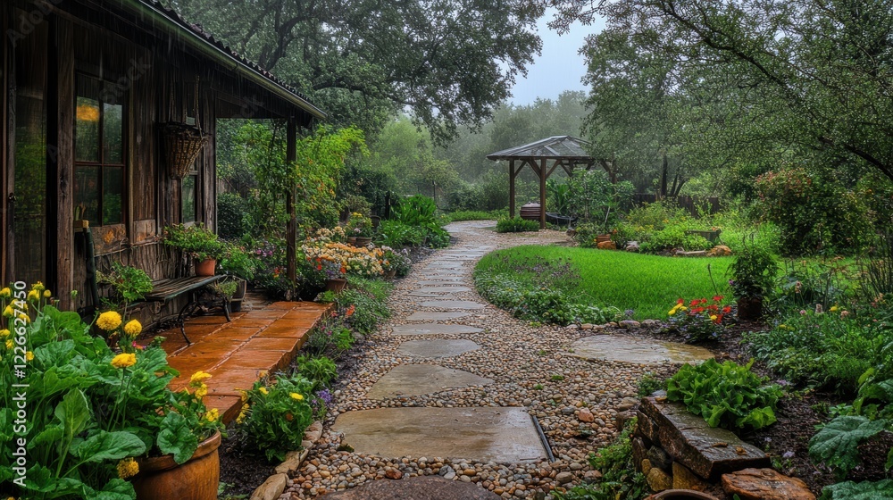 Fototapeta premium The vegetable garden is beautiful, overcast, wet