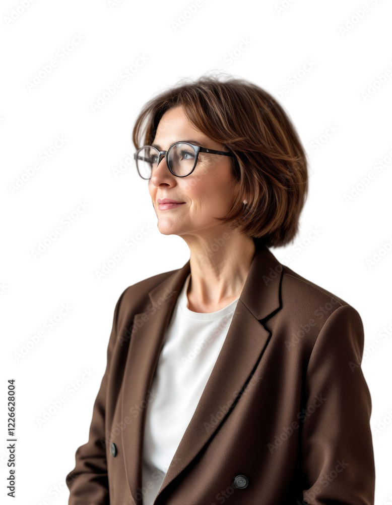 Confident Mature Woman in Brown Blazer, Thoughtful Gaze