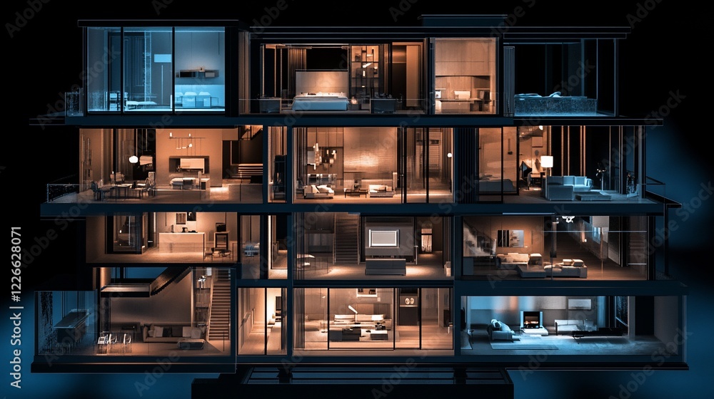 Detailed cross-section of a modern multi-story house with multiple rooms and different furniture Detailed cross-section of a modern multi-story house with multiple rooms and different furniture