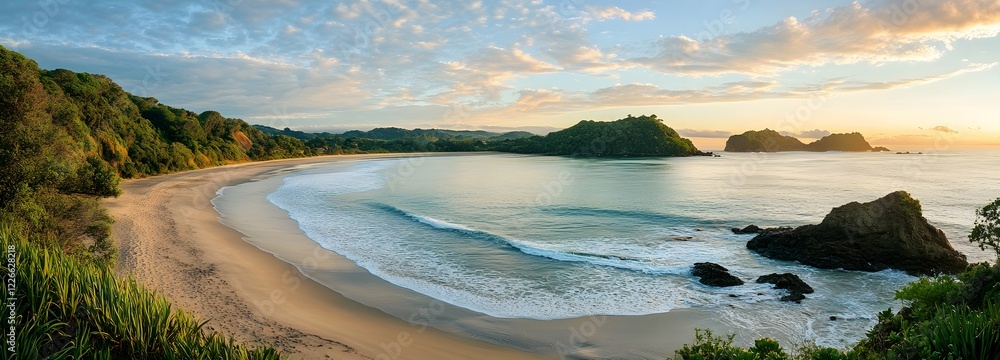 Obraz premium A tranquil beach at sunrise with waves gently rolling onto the shore
