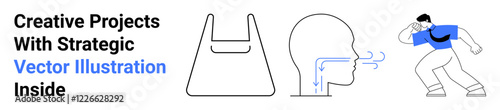 Bag outline, abstract breathing face with arrows, person lunging forward in motion. Ideal for sustainability, wellness, innovation, communication, strategy, conceptual art flat landing page banner