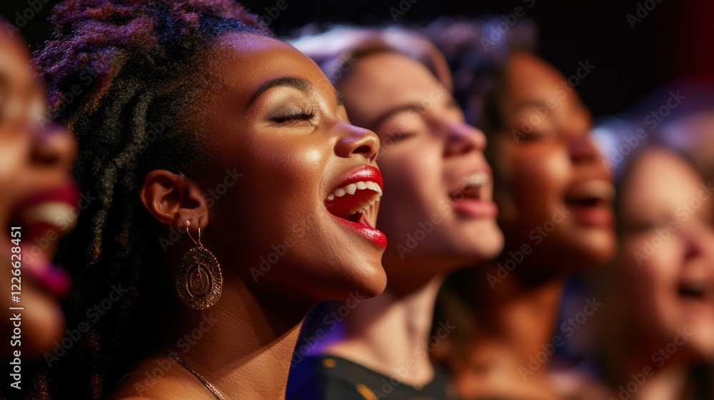 Close-up of a diverse group of singers harmonizing together on stage, with expressions of concentration and joy, highlighting the unity in their performance. Close-up of a diverse group of singers harmonizing together on stage, with expressions of concentration and joy, highlighting the unity in their performance.