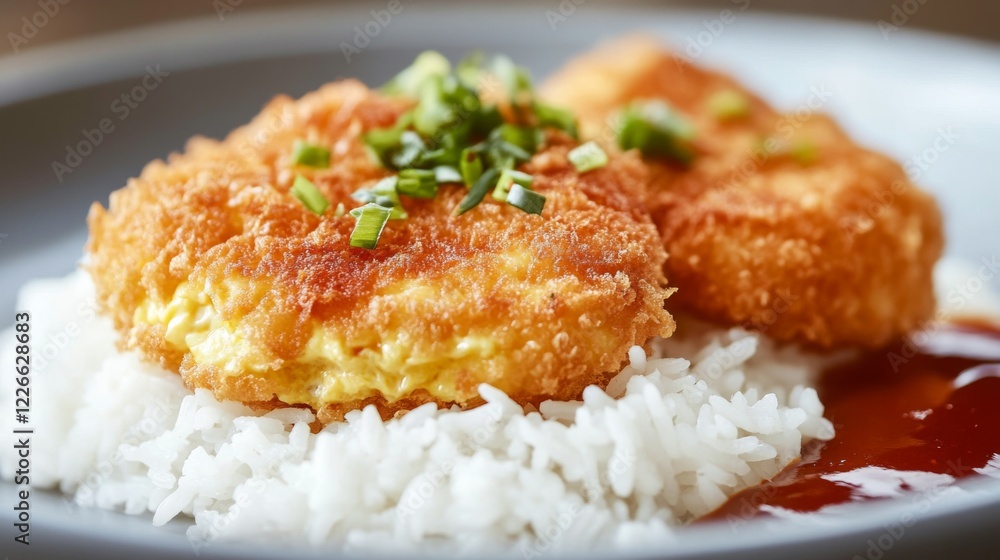 Close-up of a fluffy, golden omelette resting on a bed of white jasmine rice, with crispy edges and soft texture, garnished with chili sauce on the side. Close-up of a fluffy, golden omelette resting on a bed of white jasmine rice, with crispy edges and soft texture, garnished with chili sauce on the side.
