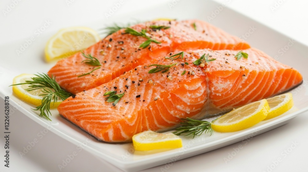 Close-up of a garnished salmon dish with herbs and lemon slices on a white plate, against a plain white background, focusing on the presentation. Close-up of a garnished salmon dish with herbs and lemon slices on a white plate, against a plain white background, focusing on the presentation.