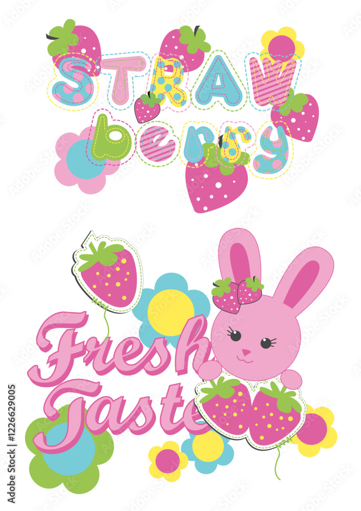 A cute pink bunny surrounded by strawberries, perfect for children’s products, baby room decor, and fun, playful designs. A cute pink bunny surrounded by strawberries, perfect for children’s products, baby room decor, and fun, playful designs.