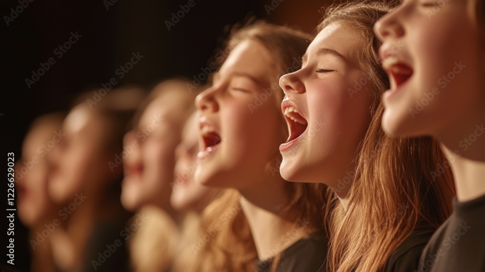 Fototapeta premium Close-up of a group of young singers harmonizing at a school concert, highlighting their enthusiasm and the clarity of their synchronized voices.