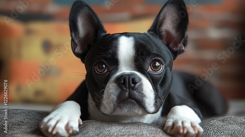 Boston Terrier puppy resting on couch, brick wall background photo