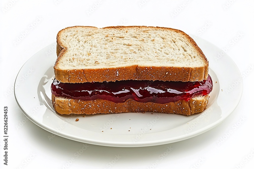 Delicious peanut butter and jelly sandwich on a white plate with crumbs, inviting and simple meal Delicious peanut butter and jelly sandwich on a white plate with crumbs, inviting and simple meal