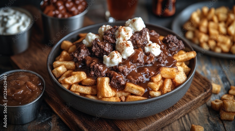 Pub poutine, cheese curds, gravy, fries, rustic setting, food photography Pub poutine, cheese curds, gravy, fries, rustic setting, food photography